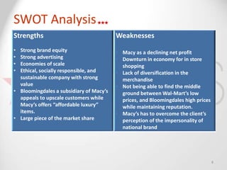 SWOT Analysis
Strengths                                Weaknesses
• Strong brand equity                    • Macy as a declining net profit
• Strong advertising                     • Downturn in economy for in store
• Economies of scale                       shopping
• Ethical, socially responsible, and     • Lack of diversification in the
  sustainable company with strong          merchandise
  value                                  • Not being able to find the middle
• Bloomingdales a subsidiary of Macy’s     ground between Wal-Mart’s low
  appeals to upscale customers while       prices, and Bloomingdales high prices
  Macy’s offers “affordable luxury”        while maintaining reputation.
  items.                                 • Macy’s has to overcome the client’s
• Large piece of the market share          perception of the impersonality of
                                           national brand




                                                                                   8
 