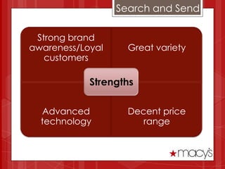 Search and Send

 Strong brand
awareness/Loyal     Great variety
   customers

            Strengths

  Advanced          Decent price
  technology           range
 