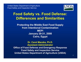 United States Department of Agriculture
Food Safety and Inspection Service
1
Food Safety vs. Food Defense:
Differences and Similarities
Protecting the Middle East Food Supply
from Intentional Contamination
MEPI
January 29-31, 2008
Cairo, Egypt
Dr. Carol Maczka, Ph.D.
Assistant Administrator
Office of Food Defense and Emergency Response
Food Safety and Inspection Service
United States Department of Agriculture (USDA)
 