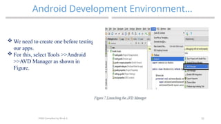 32
Android Development Environment…
MAD-Compiled by Biruk S.
 We need to create one before testing
our apps.
 For this, select Tools >>Android
>>AVD Manager as shown in
Figure.
 