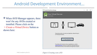 33
Android Development Environment…
MAD-Compiled by Biruk S.
 When AVD Manager appears, there
won’t be any AVDs created or
installed. Please click on the
+ Create a Virtual Device button as
shown here:
 