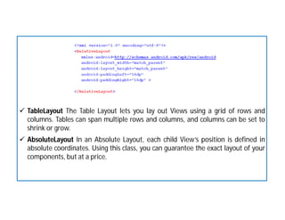  TableLayout The Table Layout lets you lay out Views using a grid of rows and
columns. Tables can span multiple rows and columns, and columns can be set to
shrink or grow.
 AbsoluteLayout In an Absolute Layout, each child View’s position is defined in
absolute coordinates. Using this class, you can guarantee the exact layout of your
components, but at a price.
 