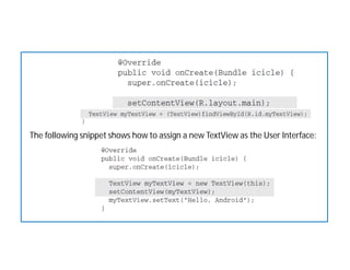 The following snippet shows how to assign a new TextView as the User Interface:
 