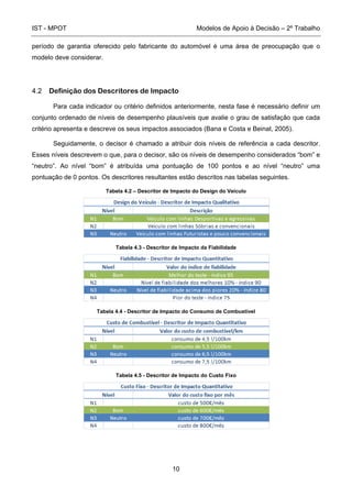 IST - MPOT Modelos de Apoio à Decisão – 2º Trabalho
10
período de garantia oferecido pelo fabricante do automóvel é uma área de preocupação que o
modelo deve considerar.
4.2 Definição dos Descritores de Impacto
Para cada indicador ou critério definidos anteriormente, nesta fase é necessário definir um
conjunto ordenado de níveis de desempenho plausíveis que avalie o grau de satisfação que cada
critério apresenta e descreve os seus impactos associados (Bana e Costa e Beinat, 2005).
Seguidamente, o decisor é chamado a atribuir dois níveis de referência a cada descritor.
Esses níveis descrevem o que, para o decisor, são os níveis de desempenho considerados “bom” e
“neutro”. Ao nível “bom” é atribuída uma pontuação de 100 pontos e ao nível “neutro” uma
pontuação de 0 pontos. Os descritores resultantes estão descritos nas tabelas seguintes.
Tabela 4.2 – Descritor de Impacto do Design do Veículo
Tabela 4.3 - Descritor de Impacto da Fiabilidade
Tabela 4.4 - Descritor de Impacto do Consumo de Combustível
Tabela 4.5 - Descritor de Impacto do Custo Fixo
 