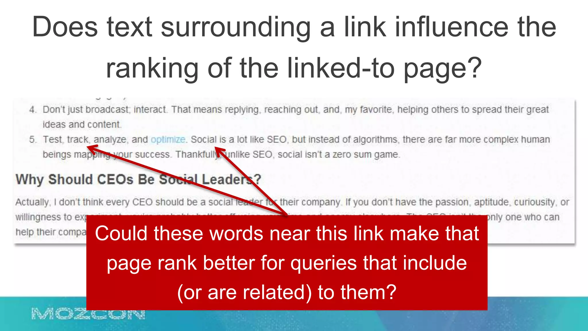 Does text surrounding a link influence the
ranking of the linked-to page?
Could these words near this link make that
page rank better for queries that include
(or are related) to them?
 