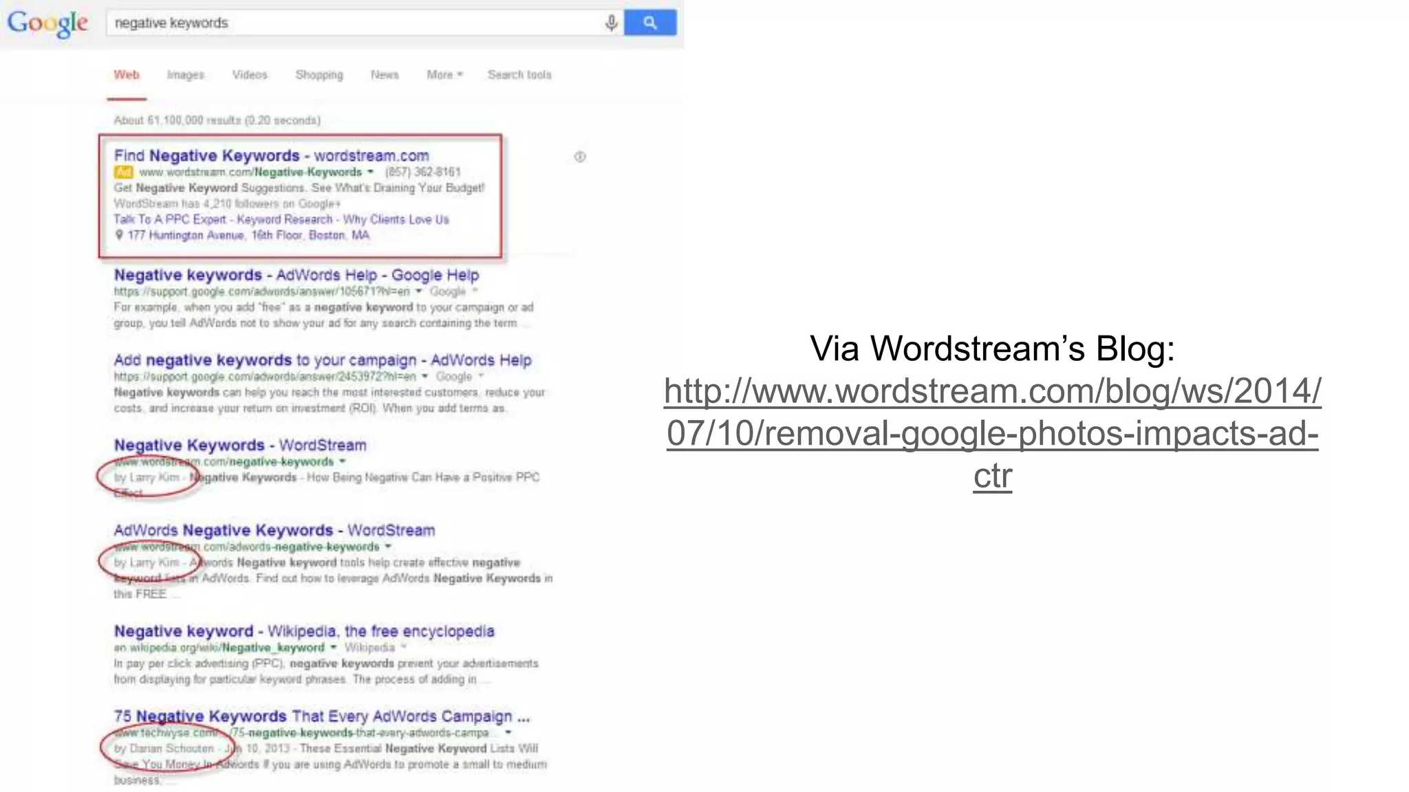 Via Wordstream’s Blog:
http://www.wordstream.com/blog/ws/2014/
07/10/removal-google-photos-impacts-ad-
ctr
 