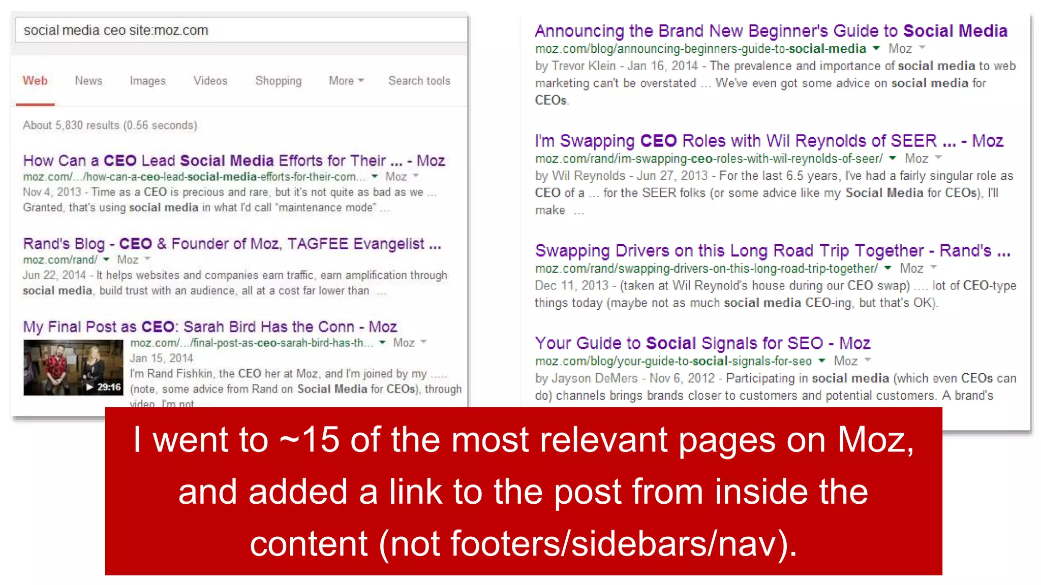 I went to ~15 of the most relevant pages on Moz,
and added a link to the post from inside the
content (not footers/sidebars/nav).
 