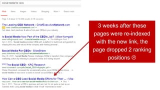3 weeks after these
pages were re-indexed
with the new link, the
page dropped 2 ranking
positions 
 