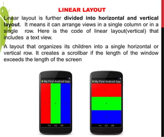 LINEAR LAYOUT
Linear layout is further divided into horizontal and vertical
layout. It means it can arrange views in a single column or in a
single row. Here is the code of linear layout(vertical) that
includes a text view.
A layout that organizes its children into a single horizontal or
vertical row. It creates a scrollbar if the length of the window
exceeds the length of the screen
 