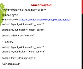 <?xml version=”1.0” encoding=”utf-8”?>
<LinearLayout
xmlns:android=”http://schemas.android.com/apk/res/android”
android:layout_width=”match_parent”
android:layout_height=”match_parent”
android:orientation=”vertical” >
<TextView
android:layout_width=”match_parent”
android:layout_height=”wrap_content”
android:text=”@string/hello” />
</LinearLayout>
Linear Layout
 