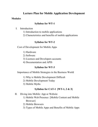 Lecture Plan for Mobile Application Development
Modules
Syllabus for WT-1
I. Introduction
1) Introduction to mobile applications
2) Characteristics and benefits of mobile applications
Syllabus for WT-2
Cost of Development for Mobile Apps
1) Hardware
2) Software
3) Licenses and Developers accounts
4) Documentation and APIS
Syllabus for WT-3
Importance of Mobile Strategies in the Business World
1) Why is Mobile Development Difficult
2) Mobile Development Today
3) Mobile Myths
Syllabus for CAT-1 [WT-1, 2 & 3]
II. Diving into Mobile: App or Website
1) Mobile Web Presence [Mobile Content and Mobile
Browser]
2) Mobile Browsers
3) Types of Mobile Apps and Benefits of Mobile Apps
 