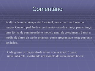 Comentário
A altura de uma criança não é estável, mas cresce ao longo do
tempo. Como o padrão de crescimento varia de criança para criança,
uma forma de compreender o modelo geral de crescimento é usar a
média de altura de várias crianças, como apresentado neste conjunto
de dados.
O diagrama de dispersão da altura versus idade é quase
uma linha reta, mostrando um modelo de crescimento linear.
 