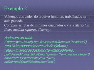 Exemplo 2
Voltemos aos dados do arquivo fumo.txt, trabalhados na
aula passada.
Compare as retas de mínimos quadrados e via critério lms
(least median squares) (lmsreg).
dados=read.table
(“http://www.im.ufrj.br/~flavia/aed06/fumo.txt”,header=T)
reta1=lm(dados$imorte~dados$ifumo)
reta2=lmsreg(dados$imorte~dados$ifumo)
plot(dados$ifumo,dados$imorte,main=“Fumo versus câncer”)
abline(reta1$coefficients,col=“blue”)
abline(reta2$coefficientes,col=“red”)
 