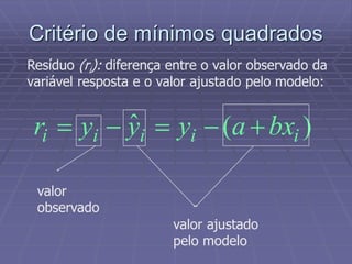 Critério de mínimos quadrados
Resíduo (ri): diferença entre o valor observado da
variável resposta e o valor ajustado pelo modelo:
)(ˆ iiiii bxayyyr 
valor
observado
valor ajustado
pelo modelo
 