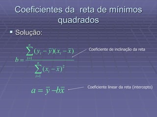 Coeficientes da reta de mínimos
quadrados
 Solução:
2
1
1
)(
))((






 n
i
i
n
i
ii
xx
xxyy
b
xbya 
Coeficiente de inclinação da reta
Coeficiente linear da reta (intercepto)
 