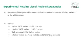 Experimental Results: Visual-Audio Discrepancies
● Detection of Manipulated Samples - Evaluation on the 3-class and 10-class variants
of the VADD dataset
● Results:
○ 3-class VADD variant: 95.54 F1-score
○ 10-class VADD variant: 79.16 F1-score
○ High accuracy in the 3-class variant
○ 10-class variant is a more realistic and challenging scenario
 