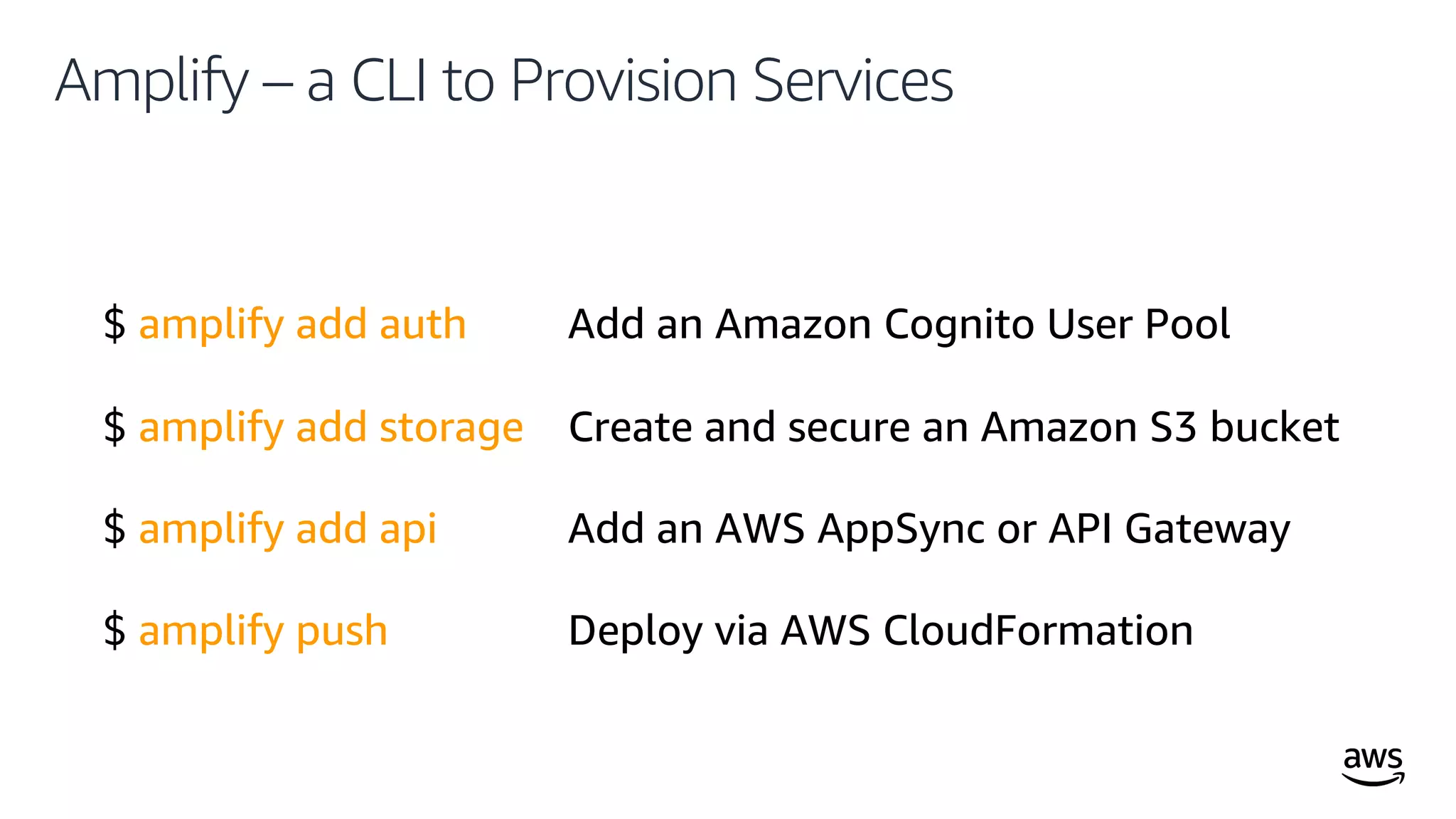 © 2019, Amazon Web Services, Inc. or its affiliates. All rights reserved.
Amplify – a CLI to Provision Services
$ amplify add auth
$ amplify add storage
$ amplify add api
$ amplify push
Add an Amazon Cognito User Pool
Create and secure an Amazon S3 bucket
Add an AWS AppSync or API Gateway
Deploy via AWS CloudFormation
 