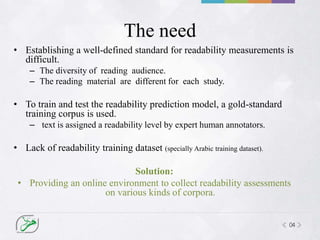 04
The need
• Establishing a well-defined standard for readability measurements is
difficult.
– The diversity of reading audience.
– The reading material are different for each study.
• To train and test the readability prediction model, a gold-standard
training corpus is used.
– text is assigned a readability level by expert human annotators.
• Lack of readability training dataset (specially Arabic training dataset).
Solution:
• Providing an online environment to collect readability assessments
on various kinds of corpora.
 