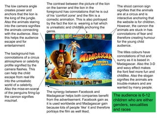 The synergy between Facebook and
Madagascar helps both companies benefit
from the advertisement. Facebook gain as
it is used worldwide and Madagascar gain
because lots of people ‘like’ it and therefore
portrays the film as well liked.
The contrast between the picture of the lion
on the banner and the lion in the
foreground has connotations that he is out
of his ‘comfort zone’ and the film is a
comedic animation. This is also portrayed
by the fact the lion is wearing a hat which
is unrealistic and childlike anchoring the
genre.
The shoot cannon sign
signifies that the animals
are at a circus and is
interactive anchoring that
the website is for children.
However, the cannon the
animals are stuck in has
connotations of fear and
therefore creating humour
for the young child
audience.
The low camera angle
creates power and
anchors that the lion is
the king of the jungle.
Also the animals staring
into the camera signifies
the animals connecting
with the audience. Also
this helps the audience
escape and for
entertainment
The titles colours have
connotations of hot and
sunny as it is based in
Madagascar. Also the 3-D
and wavy effect makes
the font feel more fun and
childlike. Also the slogan
signifies the animals are
trouble-makers and are
wanted by many people.
The background has
connotations of a circus
atmosphere or celebrity
profile signified by the
camera flashes. This
can help the child
escape from real life
into the unrealistic
world of a celebrity.
Also the mise-en-scene
of the penguins firing up
the cannon signifies
mischief.
The audience is 6-12
children who are either
genders, sexualities
and races
 