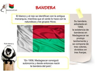Su bandera,
adoptada en
1958,
la existencia de
banderas en
Madagascar se
produjo
tardíamente y
se compone de
tres colores,
divididos en
tres franjas.
El blanco y el rojo se identifican con la antigua
monarquía, mientras que el verde lo hace con la
naturaleza y los grupos Hova.
“En 1958, Madagascar consiguió
autonomía y desde entonces nació
la bandera del país”.
Rufo blanco y
negro
 
