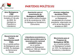 Amo Madagascar
(TIM)
Es un partido político
fundado el 3 de julio
de 2002. Su
ideología es
Populismo y
Liberalismo.
Asociación para el
renacimiento de
Madagascar (AREMA)
Es un partido político fundado
el 30 de noviembre de 1976.
Su ideología es Socialismo y
Comunismo.
Jóvenes malgaches
decididos (TGV).
Es un movimiento político
en Madagascar,
encabezado por el actual
presidente, organizado con
el fin de las elección de
alcaldes en 2007.
Liberalismo económico y
acción democrática para la
reconstrucción nacional
(LEADER-Fanilo)
es un partido
político de Madagascar
fundado en 1992 por Herizo
Razafimahaleo.
Renacimiento del
Partido
Socialdemócrata(R
PSD).
Es un partido político
de Madagascar para
el 2000. Su ideología
es Democracia
Social.
Movimiento para el
Progreso de
Madagascar (MFM).
es un partido político
en Madagascar fundado
en 1972. Su ideología es
Socialismo y Liberalismo.
 