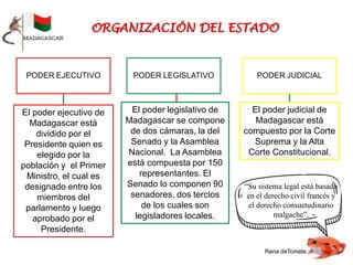 PODER EJECUTIVO
El poder ejecutivo de
Madagascar está
dividido por el
Presidente quien es
elegido por la
población y el Primer
Ministro, el cual es
designado entre los
miembros del
parlamento y luego
aprobado por el
Presidente.
El poder legislativo de
Madagascar se compone
de dos cámaras, la del
Senado y la Asamblea
Nacional. La Asamblea
está compuesta por 150
representantes. El
Senado lo componen 90
senadores, dos tercios
de los cuales son
legisladores locales.
PODER LEGISLATIVO PODER JUDICIAL
El poder judicial de
Madagascar está
compuesto por la Corte
Suprema y la Alta
Corte Constitucional.
“Su sistema legal está basado
en el derecho civil francés y
el derecho consuetudinario
malgache”.
Rana deTomate
 