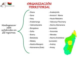 Madagascar
está
subdivida en
22 regiones.
- Diana
- Sava
- Itasy
- Analamanga
- Vakinankaratra
- Bongolava
- Sofía
- Boeny
- Betsiboka
- Melaky
- Alaotra-Mangoro
- Atsinanana (Este)
- Analanjirofo
- Amoron’i Mania
- Haute Matsiatra
- Vatovavy-Fitovinany
- Atsimo-Atsinanana
(suroeste)
- Ihorombe
- Menabe
- Atsimo-Andrefana
(suroeste)
- Androy
- Anosy
 