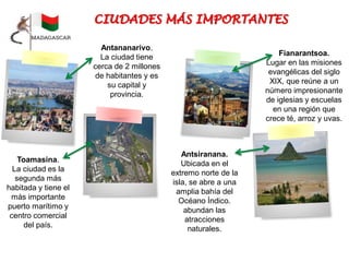 Toamasina.
La ciudad es la
segunda más
habitada y tiene el
más importante
puerto marítimo y
centro comercial
del país.
Antsiranana.
Ubicada en el
extremo norte de la
isla, se abre a una
amplia bahía del
Océano Índico.
abundan las
atracciones
naturales.
Antananarivo.
La ciudad tiene
cerca de 2 millones
de habitantes y es
su capital y
provincia.
Fianarantsoa.
Lugar en las misiones
evangélicas del siglo
XIX, que reúne a un
número impresionante
de iglesias y escuelas
en una región que
crece té, arroz y uvas.
 