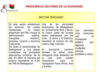 Una de las principales
atracciones de Madagascar
es la fascinante flora y fauna,
la mayor parte de turistas
están interesados por las
aves, el lémur y la botánica,
haciendo al turismo de alto
costo y bajo volumen.
El transporte marítimo
también se utiliza como
transporte local alrededor de
la isla, pero existen
conexiones para la
navegación hacia África, Asia
y Europa.
En este sector predominan
los servicios, los cuales
representan la mayor
proporción del PIB, incluye la
administración pública,
transporte marítimo,
servicios, turismo y servicios
financieros.
Sin duda la biodiversidad de
Madagascar y sus playas
constituyen las principales
atracciones turísticas de la
isla. En 2007, la industria del
turismo representó el 6.3%
del PIB de Madagascar.
SECTOR TERCIARIO
Los servicios
más comunes
son el
transporte
público por
algunas
ciudades,
bancos,
postales y otros.
 