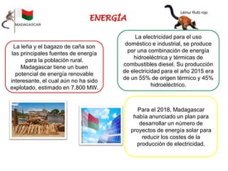 La leña y el bagazo de caña son
las principales fuentes de energía
para la población rural.
Madagascar tiene un buen
potencial de energía renovable
interesante, el cual aún no ha sido
explotado, estimado en 7.800 MW.
La electricidad para el uso
doméstico e industrial, se produce
por una combinación de energía
hidroeléctrica y térmicas de
combustibles diesel. Su producción
de electricidad para el año 2015 era
de un 55% de origen térmico y 45%
hidroeléctrico.
Para el 2018, Madagascar
había anunciado un plan para
desarrollar un número de
proyectos de energía solar para
reducir los costes de la
producción de electricidad.
Lémur Rufo rojo
 