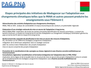 Etapes principales des initiatives de Madagascar sur l’adaptation aux
changements climatiques telles que le PANA et autres pouvant produire les
enseignements sous l’Elément C
Hiérarchisation des activités d’adaptation aux changements climatiques,
PANA, PNA et 3CN : analyse de vulnérabilité et enjeux économiques des secteurs, et potentialité régionale
Elaboration d’une stratégie nationale de mise en œuvre de l’adaptation à long terme,
PNLCC/PANL/PNA: Implication de toutes les parties prenantes/identification les besoins prioritaires, y compris les
besoins financiers, à moyen et à long terme en termes d’adaptation au changement climatique/ Orientation général du
pays en terme de CC dans le moyen et le long terme
Renforcementdes capacités de planificationet de mise en œuvre des mesures d’adaptation,
IEC, formation sur les différents stratégies/ programme d’adaptation
intégration de la dimension adaptation dans le stratégie sectoriel
aider les secteurs dans l’élaboration des projets d’adaptation
mise en œuvre conjointe des projets d’adaptation
Promotion de la coordinationet des synergies au niveau régional et avec d’autres accords multilatérauxsur
l’environnement
Consultations régionales/ sensibilisation et formation (intégration de l’adaptation dans le PRD, PCD)/
Implication de la région et de la localité dans la structure de mise en œuvre des projets d’adaptation/ prise en compte
de la complémentarité de stratégies/ programme d’adaptation avec d’autres accords multilatéraux sur
l’environnement
Aider les PMA à faire avancer
leurs Plans nationauxd’adaptation
Atelier régionalde formation en Afrique (francophone)
Session 3: Elément C: Stratégies de mise en œuvre
Expériences de Madagascar
 