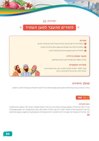 25 ‫יחידה‬
‫העתיד‬ ‫למען‬ ‫מהעבר‬ ‫לומדים‬
‫מטרות‬
.‫החורבן‬ ‫כגורמי‬ ‫מציינים‬ ‫שחז"ל‬ ‫הערכיות‬ ‫הסיבות‬ ‫את‬ ‫יכירו‬ ‫התלמידים‬ 	1
.‫החברה‬ ‫על‬ ‫ופילוג‬ ‫חינם‬ ‫שנאת‬ ‫של‬ ‫השלכות‬ ‫את‬ ‫ילמדו‬ ‫התלמידים‬ 	2
.‫והכלה‬ ‫סובלנות‬ ‫של‬ ‫ערכים‬ ‫בעצמם‬ ‫יחזקו‬ ‫התלמידים‬ 	3
‫ביחידה‬ ‫מפתח‬ ‫מושגי‬
.‫המחלוקת‬ ‫תרבות‬ ,‫חינם‬ ‫ואהבת‬ ‫חינם‬ ‫שנאת‬ ,‫אחדות‬
‫וטקסטים‬ ‫מקורות‬
‫של‬ ‫מעובדת‬ ‫עדות‬ ,)‫ע"ב‬ ‫ט‬ ‫(יומא‬ ‫לחורבן‬ ‫לסיבות‬ ‫תלמודי‬ ‫מקור‬
)‫ע"א‬ ‫נו‬ ‫(גיטין‬ ‫הבריונים‬ ‫מדרש‬ ,‫ירמיהו‬ ‫הנביא‬
‫היחידה‬ ‫מהלך‬
.‫ירושלים‬ ‫לחורבן‬ ‫שהובילו‬ ‫מהתהליכים‬ ‫כמסר‬ ‫חז"ל‬ ‫לומדים‬ ‫שאותם‬ ‫חינם‬ ‫ואהבת‬ ‫אחדות‬ ‫של‬ ‫בערכים‬ ‫נתרכז‬ ‫זו‬ ‫ביחידה‬
155 '‫עמ‬
‫לפעילות‬ ‫הצעה‬
‫מתקיים‬ ‫הפרס‬ ‫הענקת‬ ‫לצד‬ .‫ישראל‬ ‫לאחדות‬ ‫ירושלים‬ ‫פרס‬ ‫על‬ ‫מידע‬ ‫מופיע‬ ,‫באחדות‬ ‫העוסקת‬ ‫המדליה‬ ‫של‬ ‫הימני‬ ‫בצידה‬
‫זה‬ ‫ששונים‬ ‫אנשים‬ ‫כיצד‬ :‫השאלות‬ ‫את‬ ‫נעלה‬ ,‫שלה‬ ‫והמסר‬ ‫המדליה‬ ‫לגבי‬ ‫הדיון‬ ‫לאחר‬ .'‫ישראל‬ ‫'אחדות‬ ‫בנושא‬ ‫יום‬ ‫שנה‬ ‫בכל‬
‫לראות‬ ‫ניתן‬ ‫בנושא‬ ‫מחשבה‬ ‫מעוררת‬ ‫פרסומת‬ ?‫מאוחדים‬ ‫להיות‬ ‫כדי‬ ‫דומים‬ ‫להיות‬ ‫צריך‬ ‫האם‬ ?‫מאוחדים‬ ‫להיות‬ ‫יכולים‬ ‫מזה‬
.‫כאן‬
93
 