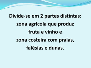 Divide-se em 2 partes distintas:
   zona agrícola que produz
        fruta e vinho e
   zona costeira com praias,
       falésias e dunas.
 