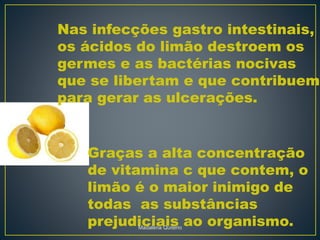 Nas infecções gastro intestinais,
os ácidos do limão destroem os
germes e as bactérias nocivas
que se libertam e que contribuem
para gerar as ulcerações.
Graças a alta concentração
de vitamina c que contem, o
limão é o maior inimigo de
todas as substâncias
prejudiciais ao organismo.Madalena Quitério
 