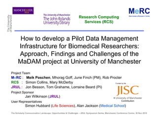 Research Computing
                                                                   Services (RCS)



       How to develop a Pilot Data Management
      Infrastructure for Biomedical Researchers:
      Approach, Findings and Challenges of the
      MaDAM project at University of Manchester
Project Team
MeRC : Meik Poschen, Mhorag Goff, June Finch (PM), Rob Procter
RCS : Simon Collins, Mary McDerby                         Funded by the

JRUL : Jon Besson, Tom Grahame, Lorraine Beard (PI)
Project Sponsor
             Jan Wilkinson (JRUL)                                                                  + University of Manchester
User Representatives                                                                                      Contribution

             Simon Hubbard (Life Sciences), Alan Jackson (Medical School)
The Scholarly Communication Landscape: Opportunities & Challenges – JRUL Symposium Series, Manchester Conference Centre, 30 Nov 2010
 
