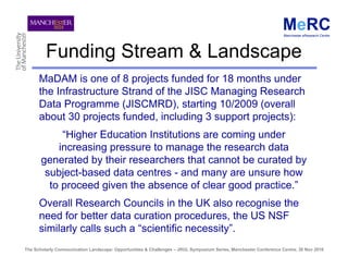 Funding Stream & Landscape
      MaDAM is one of 8 projects funded for 18 months under
      the Infrastructure Strand of ...
