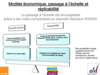 Modèle économique, passage à l’échelle et
                réplicabilité
           Le passage à l’échelle est envisageable
grâce à des coûts comparables au dispositif classique IFADEM




                                              Des possibilités d’usage
                                              supplémentaires sont
                                              offertes avec les
                                              smartphones, dont les
                                              prix sont en rapide baisse
 