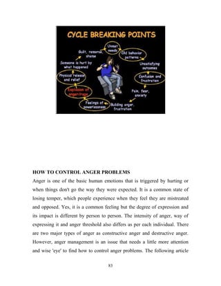 HOW TO CONTROL ANGER PROBLEMS
Anger is one of the basic human emotions that is triggered by hurting or
when things don't go the way they were expected. It is a common state of
losing temper, which people experience when they feel they are mistreated
and opposed. Yes, it is a common feeling but the degree of expression and
its impact is different by person to person. The intensity of anger, way of
expressing it and anger threshold also differs as per each individual. There
are two major types of anger as constructive anger and destructive anger.
However, anger management is an issue that needs a little more attention
and wise 'eye' to find how to control anger problems. The following article

                                    83
 