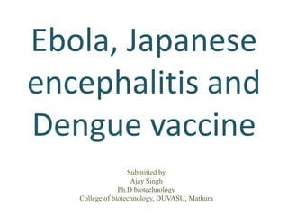 Ebola, Japanese
encephalitis and
Dengue vaccine
Submitted by
Ajay Singh
Ph.D biotechnology
College of biotechnology, DUVASU, Mathura
 