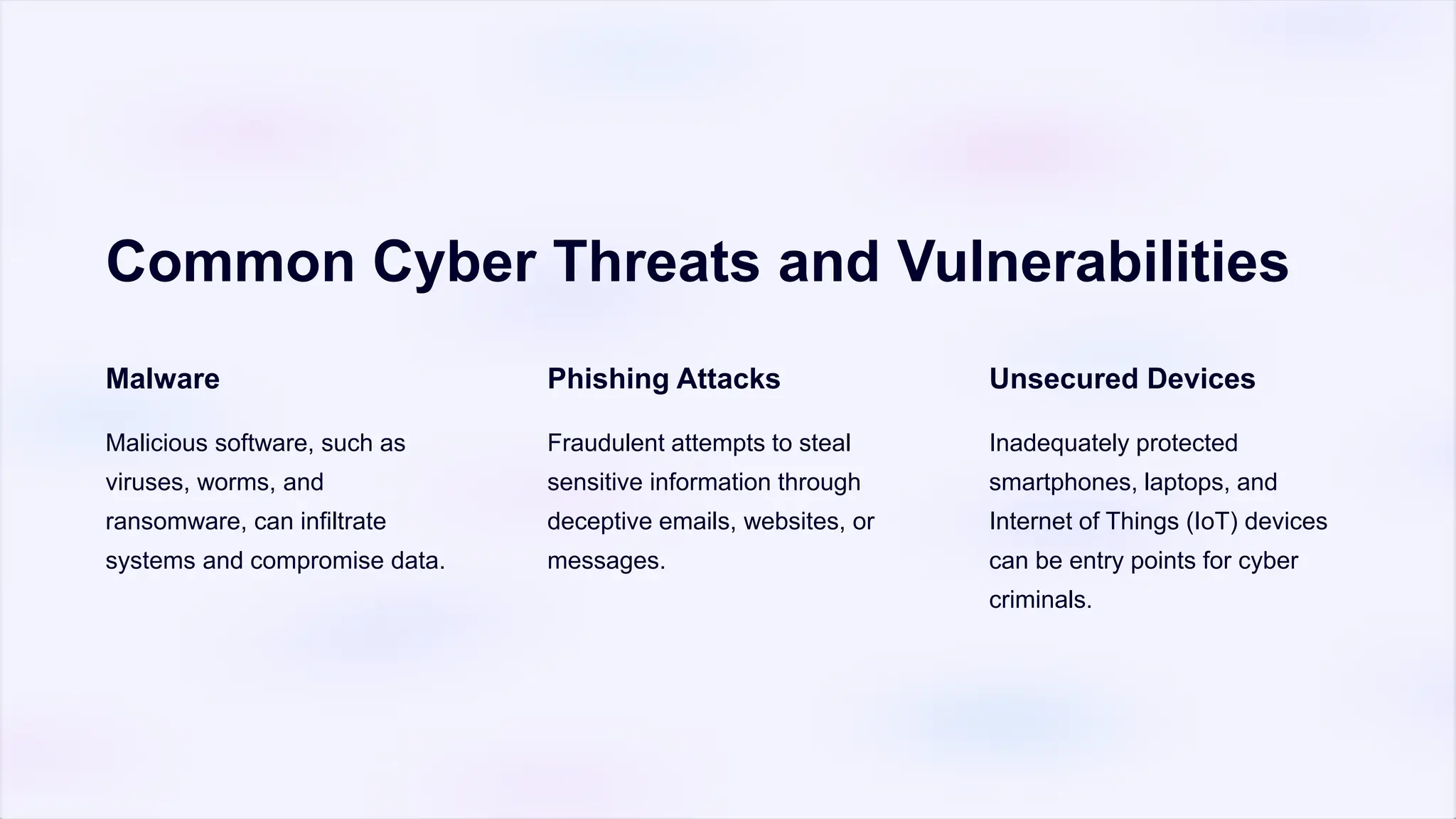Common Cyber Threats and Vulnerabilities
Malware
Malicious software, such as
viruses, worms, and
ransomware, can infiltrate
systems and compromise data.
Phishing Attacks
Fraudulent attempts to steal
sensitive information through
deceptive emails, websites, or
messages.
Unsecured Devices
Inadequately protected
smartphones, laptops, and
Internet of Things (IoT) devices
can be entry points for cyber
criminals.
 