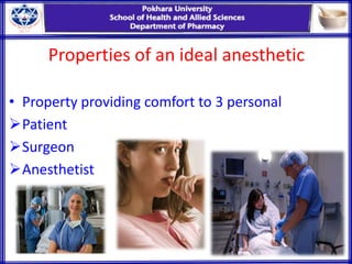Properties of an ideal anesthetic
• Property providing comfort to 3 personal
Patient
Surgeon
Anesthetist
 