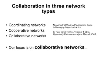 Collaboration in three network types Coordinating networks Cooperative networks Collaborative networks Our focus is on  collaborative networks ... Networks that Work: A Practitioner’s Guide  to Managing Networked Action by  Paul Vandeventer, President & CEO,  Community Partners and Myrna Mandell, Ph.D. 
