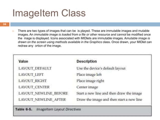 ImageItem Class
24
 There are two types of images that can be is played. These are immutable images and mutable
images. An immutable image is loaded from a file or other resource and cannot be modified once
the mage is displayed. Icons associated with MIDlets are immutable images. Amutable image is
drawn on the screen using methods available in the Graphics class. Once drawn, your MIDlet can
redraw any ortion of the image.
 