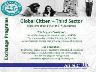 Exchange Programs


                    Global Citizen – Third Sector
                           Represents about 54% of the TNs realization

                                     This Program Consists of:
                           -Short DTs management jobs descriptions at NGOs
                           -The Internship lasts most of the times for 8 weeks
                     - Accommodation and are food are provived most of the times

                                          Job Description:
                    - Fundraising: bazars, events, developing projects and campaings
                      -Communication: institutional branding and communication,.
                                   - Project and program management
                            - General Management: planning, finances, etc...
 