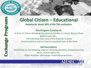 Exchange Programs


                          Global Citizen – Educational
                                 Represents about 30% of the TNs realization

                                            This Program Consists of:
                    - A team of interns delivering educational activities in schools about culture,
                                                  global issues ,etc...
                                 -The Internship lasts most of the times for 6 weeks
                           - Accommodation and are food are provived most of the times

                                                 Job Description:
                    -Workshops on the following subjects: Social Resposibility, Entrepreneurship
                                            vision, human rights, etc..
                             -Other Activities: Workshops, motivational activities...
 