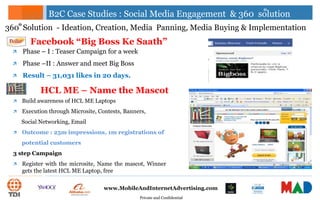 Private and Confidential
www.MobileAndInternetAdvertising.com
B2C Case Studies : Social Media Engagement & 360 solution
 Phase – I : Teaser Campaign for a week
 Phase –II : Answer and meet Big Boss
 Result – 31,031 likes in 20 days.
Facebook “Big Boss Ke Saath”
 Build awareness of HCL ME Laptops
 Execution through Microsite, Contests, Banners,
Social Networking, Email
 Outcome : 25m impressions, 1m registrations of
potential customers
3 step Campaign
 Register with the microsite, Name the mascot, Winner
gets the latest HCL ME Laptop, free
HCL ME – Name the Mascot
0
360 Solution - Ideation, Creation, Media Panning, Media Buying & Implementation
0
 