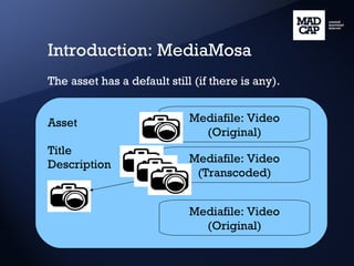 Introduction: MediaMosa The asset has a default still (if there is any). Asset Title Description Mediafile: Video (Original) Mediafile: Video (Transcoded) Mediafile: Video (Original) 