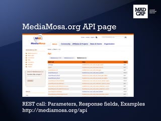 MediaMosa.org API page REST call: Parameters, Response fields, Examples http://mediamosa.org/api 
