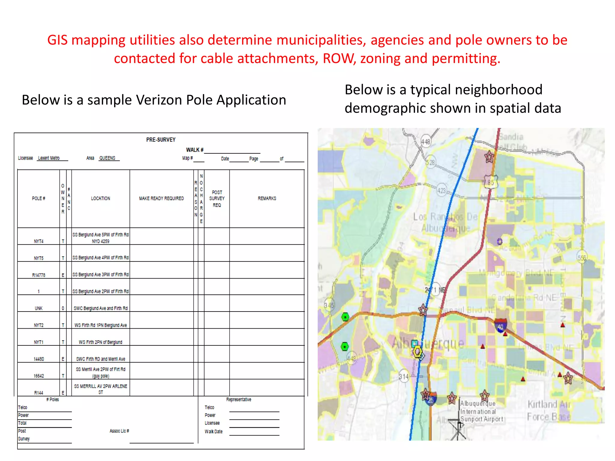 GIS mapping utilities also determine municipalities, agencies and pole owners to be
contacted for cable attachments, ROW, zoning and permitting.
Below is a sample Verizon Pole Application
Below is a typical neighborhood
demographic shown in spatial data
 