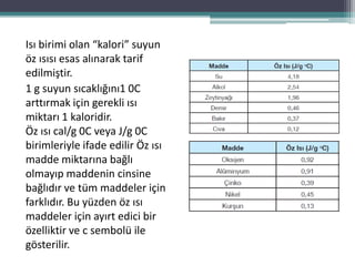 Isı birimi olan “kalori” suyun
öz ısısı esas alınarak tarif
edilmiştir.
1 g suyun sıcaklığını1 0C
arttırmak için gerekli ısı
miktarı 1 kaloridir.
Öz ısı cal/g 0C veya J/g 0C
birimleriyle ifade edilir Öz ısı
madde miktarına bağlı
olmayıp maddenin cinsine
bağlıdır ve tüm maddeler için
farklıdır. Bu yüzden öz ısı
maddeler için ayırt edici bir
özelliktir ve c sembolü ile
gösterilir.
 